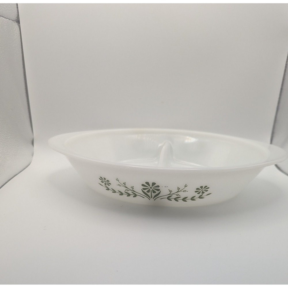 Vintage Glasbake Divided Casserole Dish White Green Daisy J2352 Milk Glass